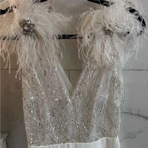 NADINE MERABI White Feather & Sequin Plunging Jumpsuit